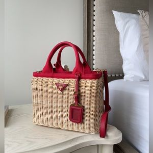 Prada Wicker Handbag Shoulder Bag Straw Canvas Leather Beige Red